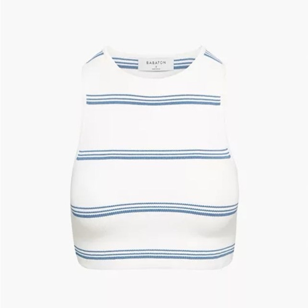 Aritzia Babaton White and Blue Fitted Crop Tank Top